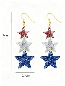1 Pair Exaggerated Independence Day Long Striped Acrylic Heart & Star USA Ear Hook Earrings Small Stud Ear Jewelry (Card Not Included) - Multicolor - View 6