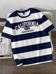 Camiseta de manga corta casual con estampado digital de rayas de contraste en estilo universitario retro americano, ajuste slim, adecuada para citas, reuniones, esencial, a juego para parejas, familia, gran regalo para el novio - Azul - Ver 1