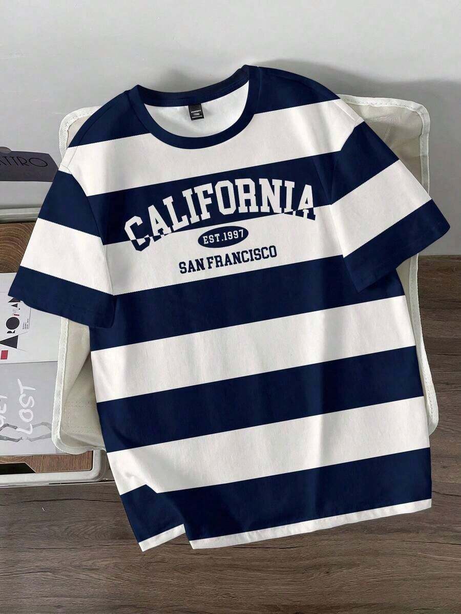 Camiseta de manga corta casual con estampado digital de rayas de contraste en estilo universitario retro americano, ajuste slim, adecuada para citas, reuniones, esencial, a juego para parejas, familia, gran regalo para el novio - Azul - Ver 1