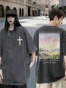 Unisex Vintage Washed, Loose-Fitting Black T-Shirt With The Phrase "Christian Faith In Jesus Overcomes Fear", T-Shirt With Biblical Verse,  Vintage Loose-Fitting Unisex T-Shirt, Harajuku Style Cotton T-Shirt. - 黑色 - 查看 3