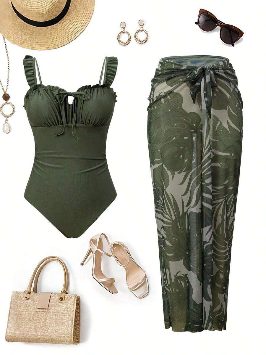 Swim Oasis Conjunto de 2 piezas de vacaciones de playa de primavera/verano con parte superior de cuello halter con adorno floral y falda de malla con estampado botánico - Multicolor - Ver 1