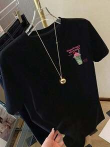 Women's Double-Sided Cotton Matcha Strawberry T-Shirt, Vintage Short-Sleeve Style For Spring And Summer. - Black - View 2