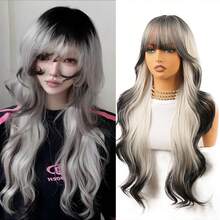 28 Inch Women's Cosplay Wig With Bangs - Black And White Ombre, Long And Loose Curly Hair, Heat Resistant Synthetic Fiber Wig, Easy To Style, Suitable For Cosplay, Party, And Daily Wear, Halloween - Multicolor - View 13