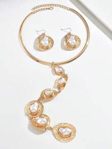 2pcs Set European And American Hammered Gold-Plated Faux Baroque Pearl Jewelry Set, Necklace + Earrings, Exaggerated Elegant Accessory Set For Commuting, Party, Evening - Golden Yellow+White - View 3