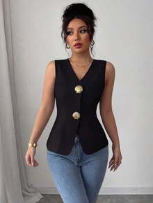 Blusa exterior con cuello en V ajustada con decoración de botones dorados con rosas - Negro - Ver 6
