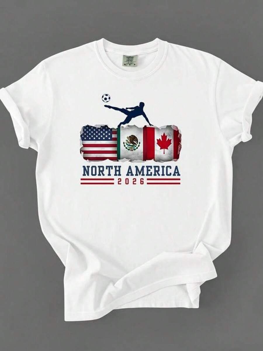 Impresión de letras elegante. Camiseta unisex de fútbol 2026, México Canadá, camiseta de fútbol, regalo para aficionados al fútbol, camiseta de aficionado a la Copa Mundial, camiseta gráfica de jugador de fútbol, 100% algodón puro, tela estampada - Adecuada para ejercicio diario, vacaciones, ropa de calle y reuniones familiares. Ideal Gift,ropa de mujer holgada,un imprescindible para las vacaciones,disfraces y accesorios de Halloween,Camisetas de apoyo al Mundial,Conjuntos a juego para padres e hijos, camisetas para hombre, camisetas para mujer, camisetas para niños - Blanco - Ver 1