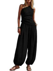 New Women's Summer 2-Piece Set, Minimalist Casual Style, Solid Color, Sleeveless Top, High-Waisted Loose Pants, Flattering, Perfect For Daytime Looks, Walks And Casual Occasions - 黑色 - 查看 9