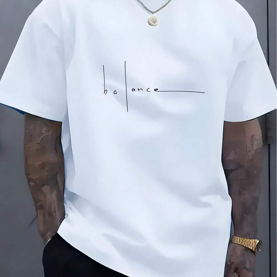 Camiseta De Manga Corta Con Cuello Redondo Y Estampado De Let De Equilibrio De Ho Deportiva Informal A La Moda De Aodón Puro De Verano Para Hombre - Shape - View 1