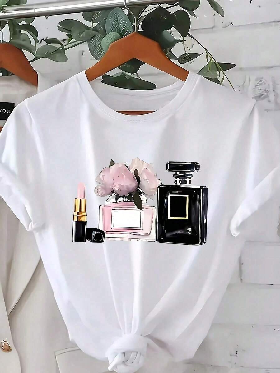 Women's Camisole With Paris Perfume And Lipstick Graphic Print | Casual Short-Sleeved Camisole With Round Neck And Geometric Floral Design, Medium Elasticity, Machine Washable, Versatile Use For Spring, Summer And Autumn, Seasonal Fashion, Medium Elasticity Fabric, Breathable And Comfortable. - 白色 - 查看 1