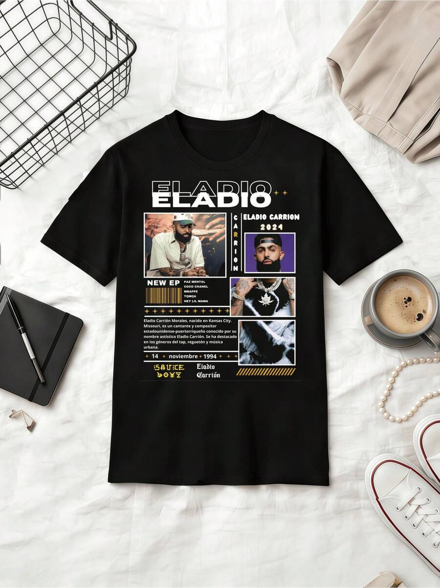 Puerto Rico-rapparen Eladio Carrión Retro Poster-stil Bomulls-T-shirt - Svart - Visa 1