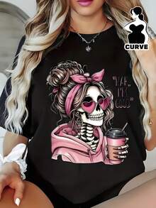 Camiseta de moda en oferta para mujer, la más vendida, de manga corta, corte holgado, con el estampado de "Skeleton Girl with Nah I'm Good Slogan", logotipo popular, material cómodo, regalo perfecto para novia, esposa, amigas, camiseta para uso diario, tallas S-XL. - Negro - Ver 1