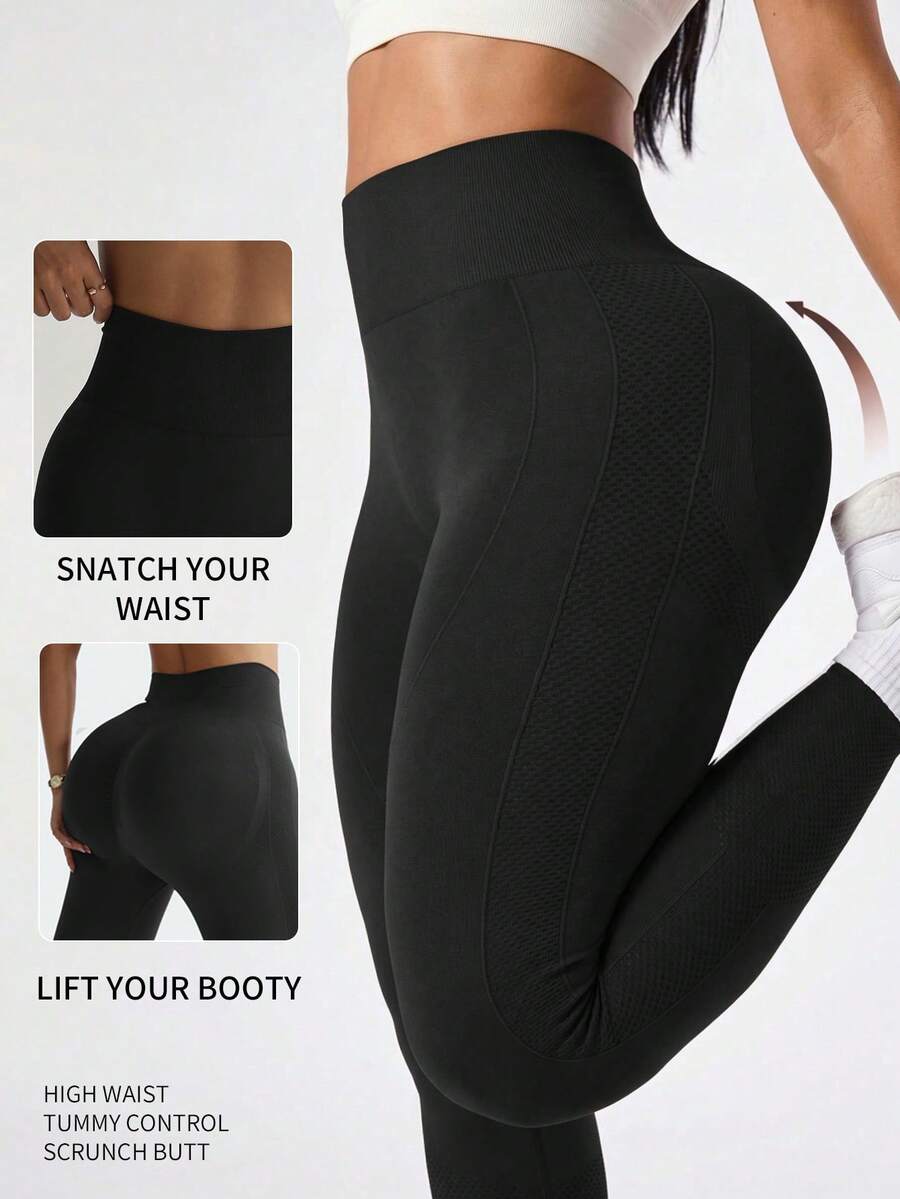 Women's Seamless High Waist Tummy Control Butt Lifting Leggings, Smile Line Shaping Non-See-Through Squat-Proof Yoga Fitness Pants, Suitable For Daily Wear And Gym Workouts - Black - View 1