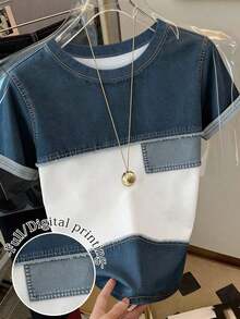 Camiseta de manga corta de punto de mezclilla ajustada informal para mujer - Blanco - Ver 6