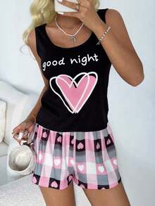 Conjunto de pijama informal de mujer con suéter de punto y pantalones cortos con estampado a cuadros y de corazones - Multicolor - Ver 3