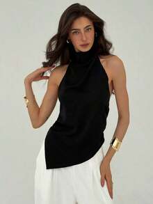 Blusa de cuello halter con bajo asimétrico de unicolor, top de verano para mujer, top de vacaciones de verano - Negro - Ver 8