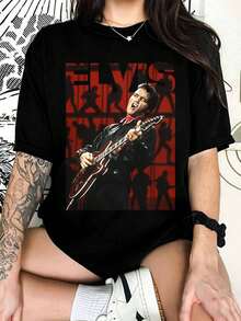 ElvisS Presley's T-Shirt, The King Of Guitar, Rock 'n' Roll Icon Tee, Vintage Top For Fans - Black - View 1