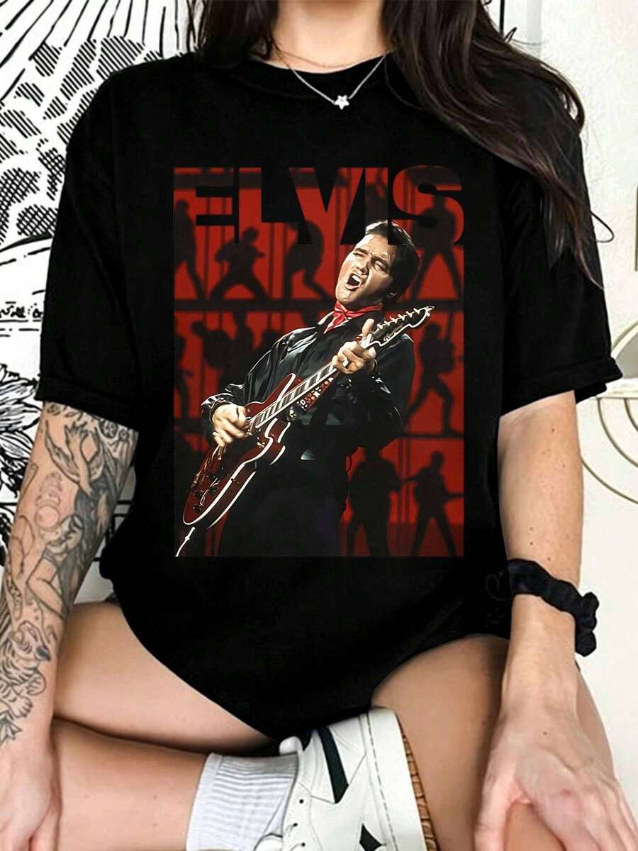 ElvisS Presley's T-Shirt, The King Of Guitar, Rock 'n' Roll Icon Tee, Vintage Top For Fans - Black - View 1