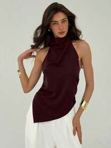Blusa de mujer de unicolor con cuello halter, pliegues y bajo asimétrico - Rojo 2 - Ver 1