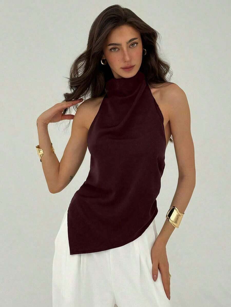 Blusa de mujer de unicolor con cuello halter, pliegues y bajo asimétrico - Rojo 2 - Ver 1