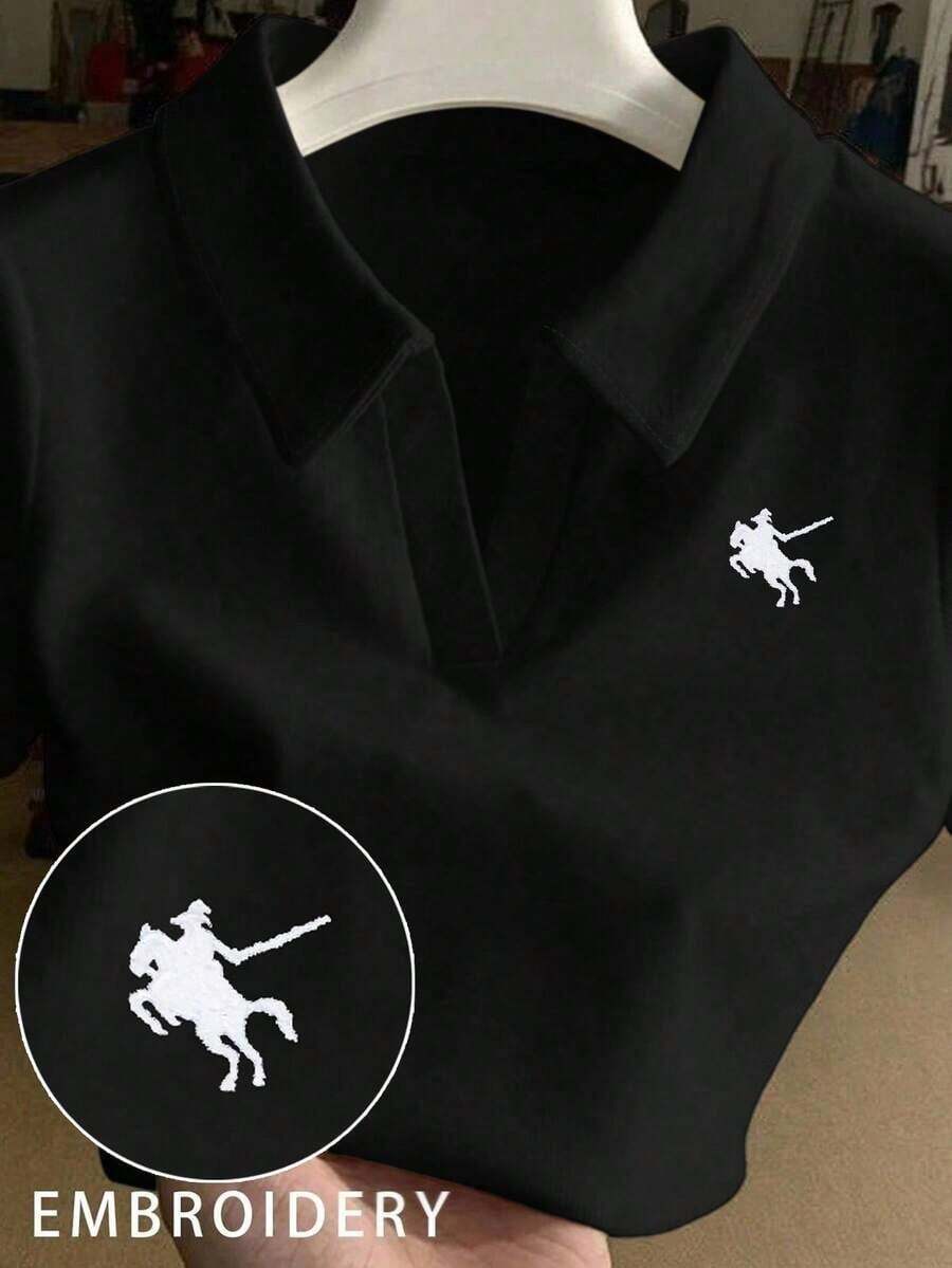 Camiseta de manga corta ajustada con cuello bordado para mujer - Negro - Ver 1