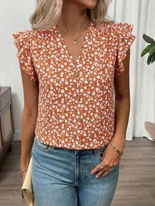 Clasi Blusa de mujer de verano con cuello en V y mangas cortas con estampado floral - Naranja - Ver 6
