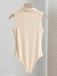 Elegante body de punto blanco con cuello vuelto y media cremallera, body de mujer para primavera/verano, ideal para vacaciones y playa - Caqui - Ver 2