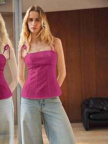 Maija Top de tirantes minimalista y elegante para conciertos y exteriores en verano, de unicolor, con cintura ceñida y lazos en los hombros - Rojo violeta - Ver 6