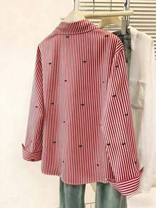 Camisa de manga larga con estampado a rayas y lazo, con botones delanteros, cuello de camisa, top casual, adecuado para primavera, otoño e invierno en color rosa - Rojo - Ver 2