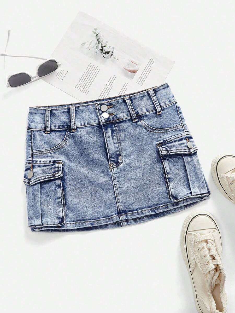 Minifalda de tela vaquera de tiro bajo, de moda para el verano - Lavado ligero 2 - Ver 1