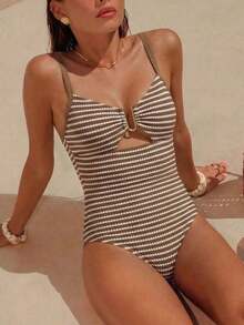 Swim Chiccia Nuevo traje de baño de una pieza elegante de unicolor, exquisito, para mujeres, para playa, natación y spa, temporada primavera/verano 2026 - Marrón - Ver 8