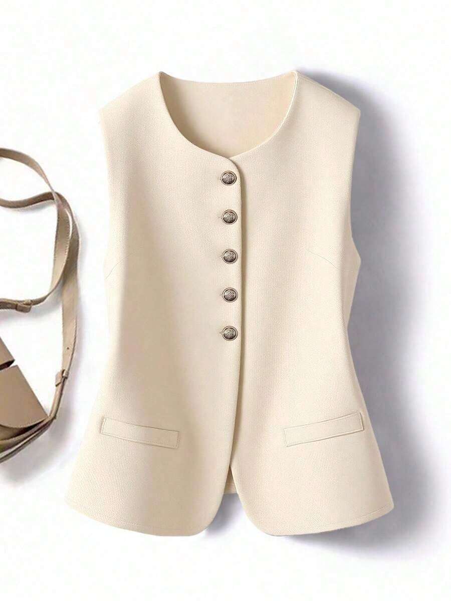 Cárdigan de cuello redondo elegante y casual de estilo vintage para mujer - Albaricoque - Ver 1