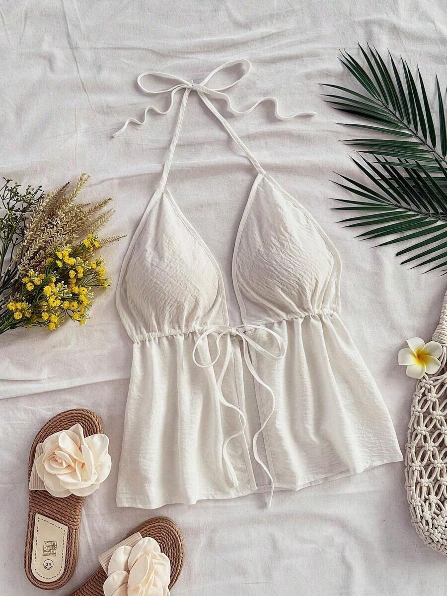 Blusa sin mangas con cuello halter y lazo en la espalda, adecuada para el verano - Blanco - Ver 1