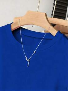 Camiseta casual de cuello redondo de manga corta y unicolor para mujer en verano - azul real - Ver 4