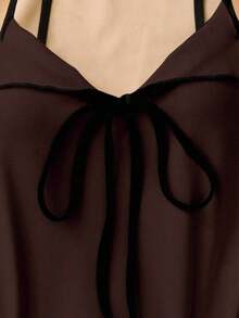 Top de tirantes con lazo y ribete de lechuga en contraste, elegante y ajustado, top para salir para mujeres, apto para el estilo del milenio - Marrón - Ver 7