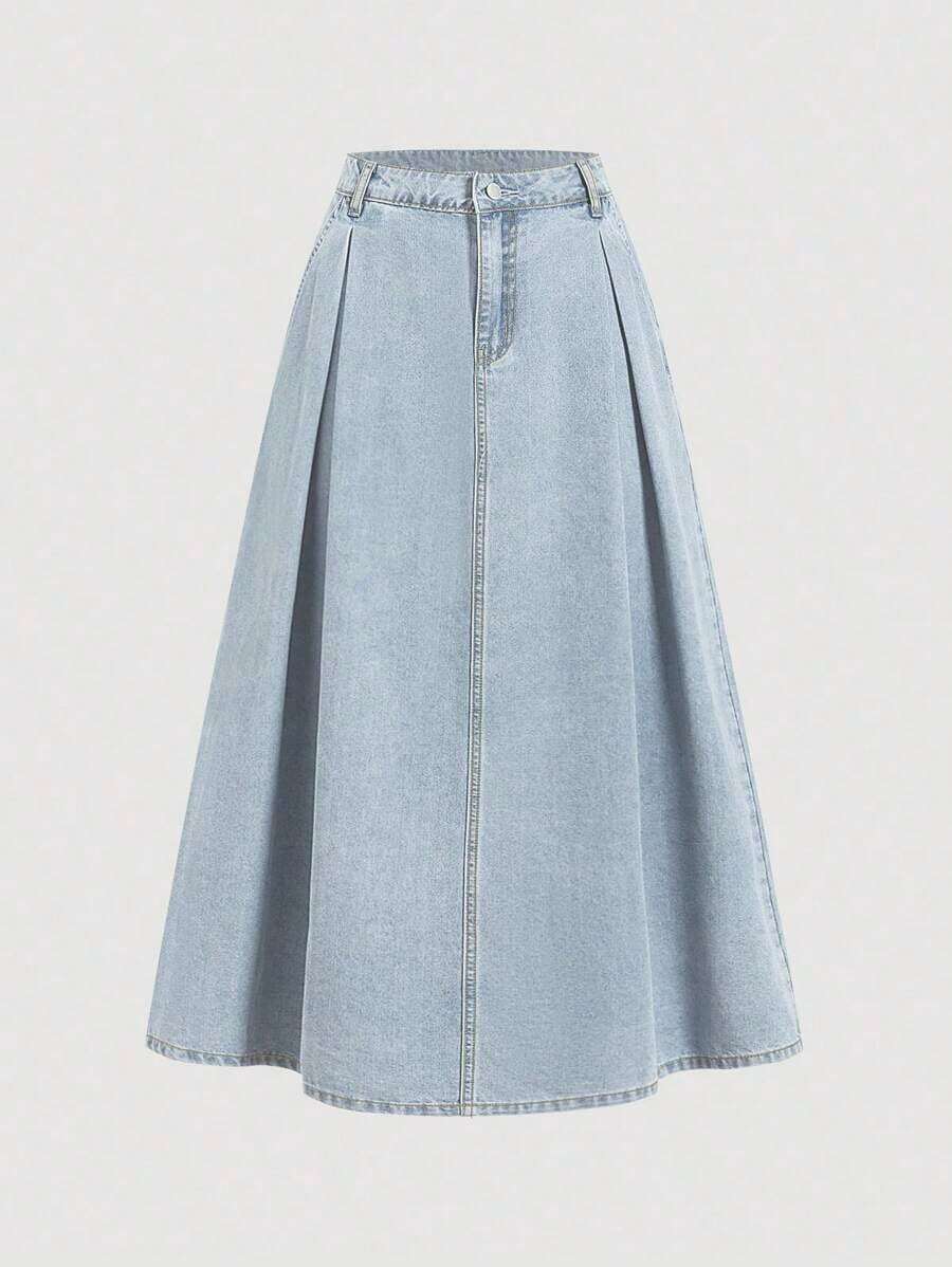 Falda vaquera azul larga y holgada de estilo casual para mujer, ideal para Puerto Rico, oficina, San Valentín, estilo de los 90, primavera, faldas vaqueras, vaquera, Renacimiento, trabajo - Lavado ligero - Ver 1