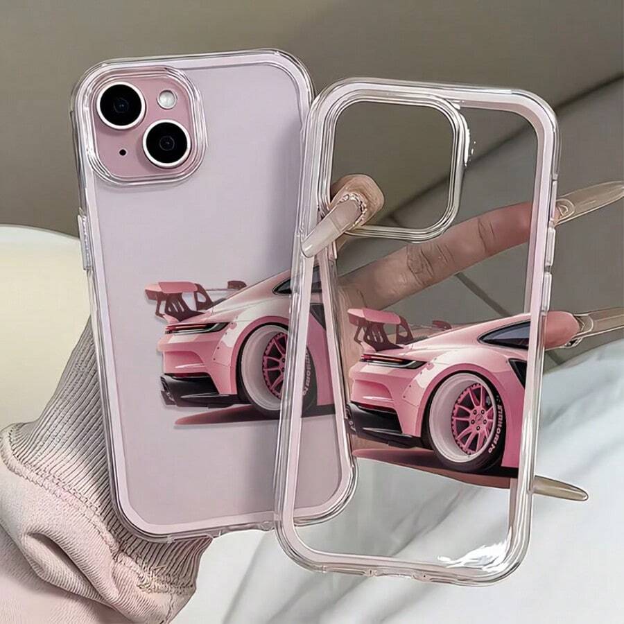 1pc Pink Frame Transparent Minimalist Lens Protective Anti-Drop Anti-Collision Sports Car Pattern Phone Case, Compatible With Apple 17/17Pro/17Promax/16/16Pro 16 Pro Max/15/14 Plus, 13/12/11, Air Phone Case - Pink - View 1