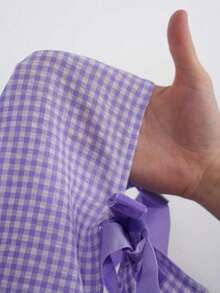 Camisa sin mangas a cuadros rojos y blancos tejida con nudo delantero para mujer - Morado - Ver 8