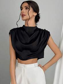 Blusa de mujer con cuello mao de unicolor y pliegues, informal y elegante, manga de murciélago fruncida, ajuste regular, top casual de uso diario para primavera/verano - Negro 2 - Ver 5