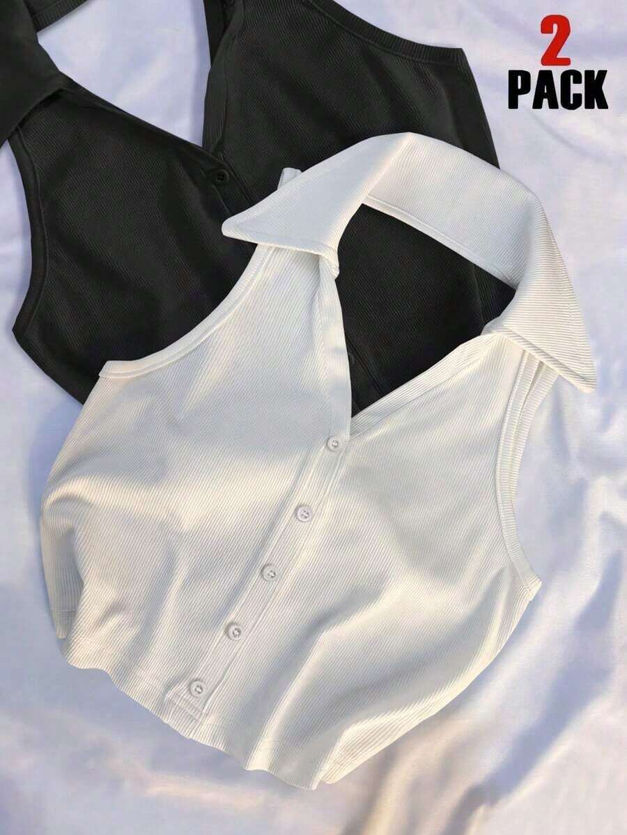 Blusa sin mangas con cuello polo y escote en V para mujer, de estilo casual y chic para la calle, en color marrón - Multicolor 5 - Ver 1