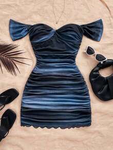 Vestido mini ajustado de punto con escote de hombros descubiertos, para vacaciones - Multicolor - Ver 4