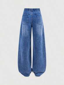Jeans sencillos de uso diario con estampado de bigotes de gato para niñas adolescentes - Azul lavado medio - Ver 2