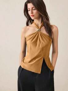 Top con cuello de halter, diseño de botón de metal verde, abertura lateral, elegante y chic para uso urbano y diario, estilo romántico retro de los 90.Adecuado para Navidad, Año Nuevo, San Valentín, fiestas, playa, graduación, moda, carnaval, bod - Amarillo - Ver 1