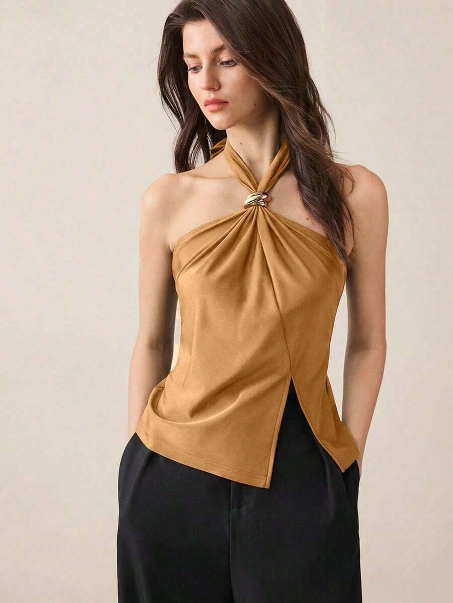 Top con cuello de halter, diseño de botón de metal verde, abertura lateral, elegante y chic para uso urbano y diario, estilo romántico retro de los 90.Adecuado para Navidad, Año Nuevo, San Valentín, fiestas, playa, graduación, moda, carnaval, bod - Amarillo - Ver 1