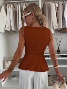 1 pieza Blusa informal de punto de unicolor con volante, verano - Marrón - Ver 4