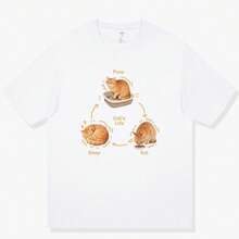 Camiseta de manga corta divertida con diseño de gato tridimensional [comiendo y durmiendo, gato naranja] para hombre y mujer, de algodón puro. - Blanco - Ver 9