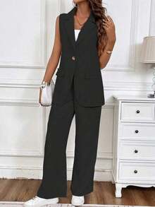 Traje de negocios informal para mujer con chaleco de unicolor y pantalón largo de verano - Negro - Ver 1