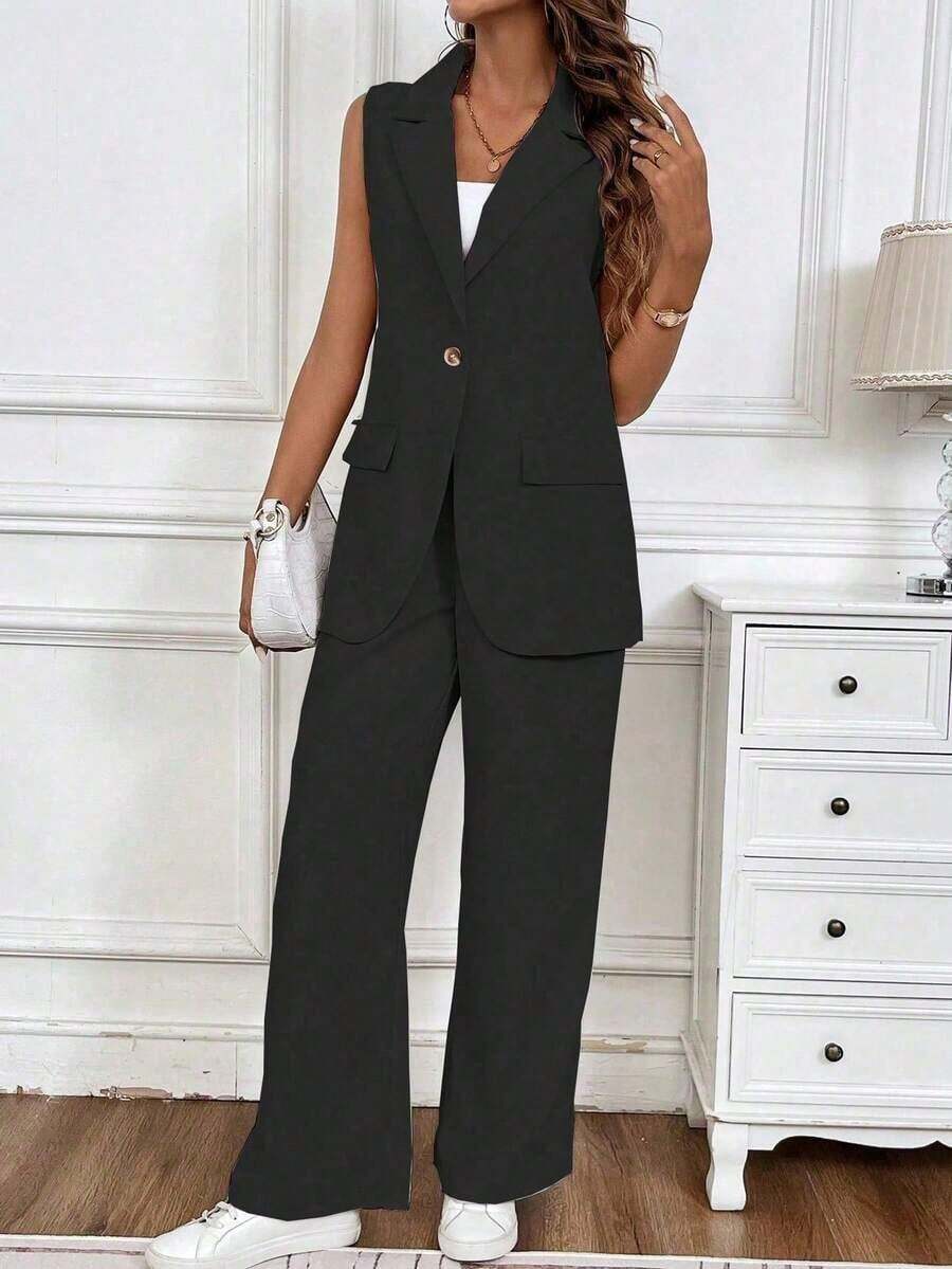 Traje de negocios informal para mujer con chaleco de unicolor y pantalón largo de verano - Negro - Ver 1