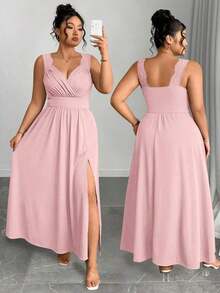 Elenzya Vestido línea A con cuello en V, contraste de encaje, tirantes finos y abertura para tallas grandes - Rosa - Ver 8