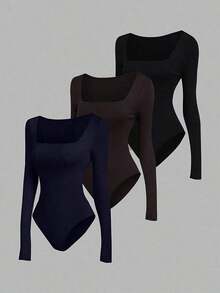 Sweetro Set de 3 bodys de manga larga para mujer en color albaricoque, marrón café y negro, de ajuste ceñido y estilo minimalista y versátil para el día a día - Multicolor 3 - Ver 1