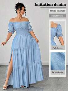 Vestido casual elegante de talla grande para mujer de primavera/verano, en azul sólido de aspecto de mezclilla con cintura fruncida y con abertura lateral - Azul 2 - Ver 8